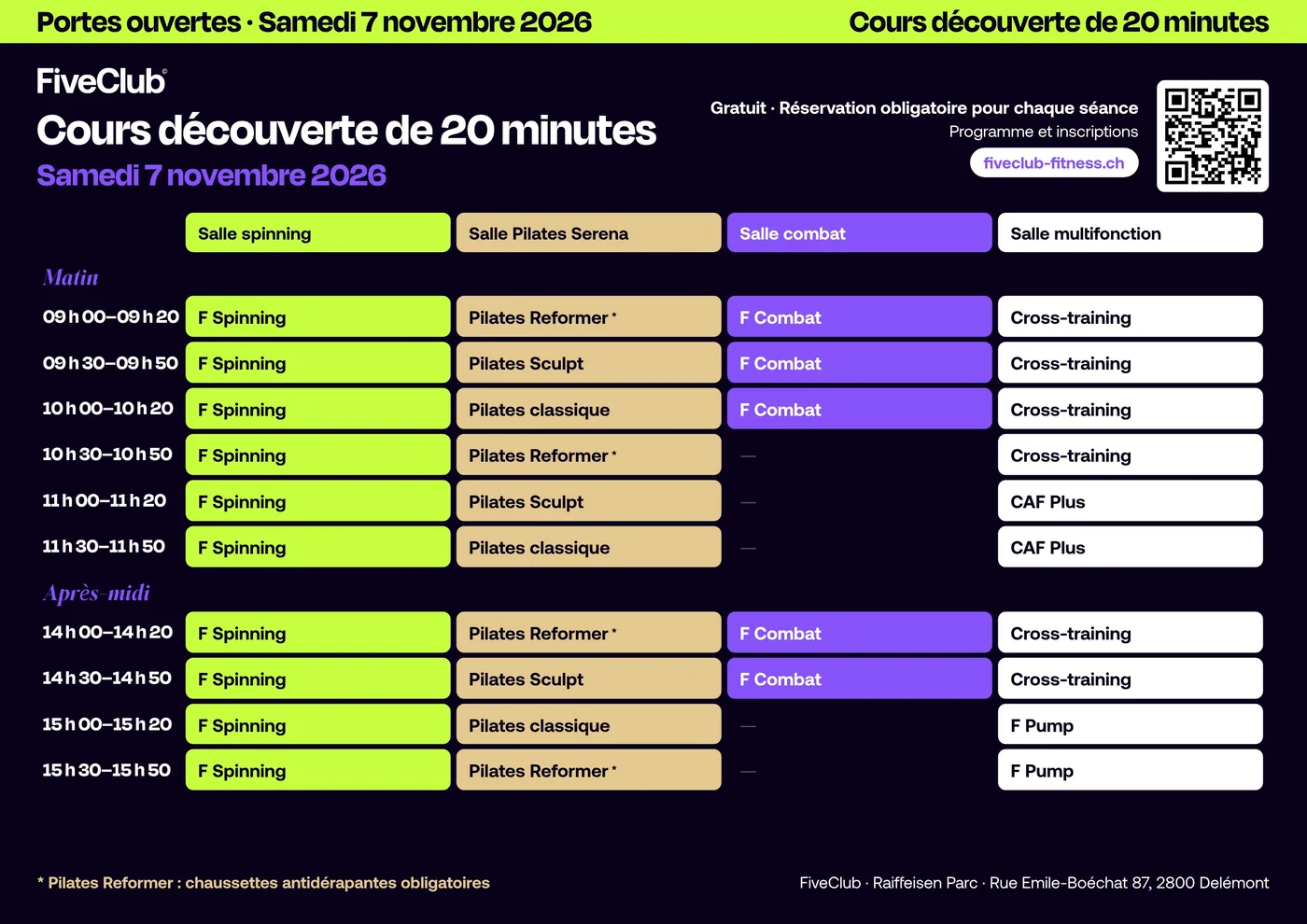 Planning graphique des cours découverte du samedi 7 novembre 2026, quatre salles de 9 h à 15 h 50